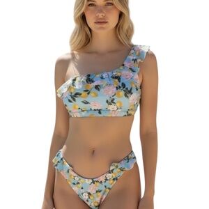 Victoria’s Secret One Shoulder Ruffle Bikini Set Blue Lemon Floral Skimpy NWT